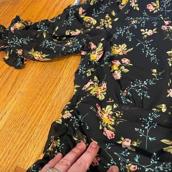 NEW NWT LEA VIOLA Shirred Floral Mini Dress Black Pink Multi Ruched Bodycon S - Picture 15 of 16